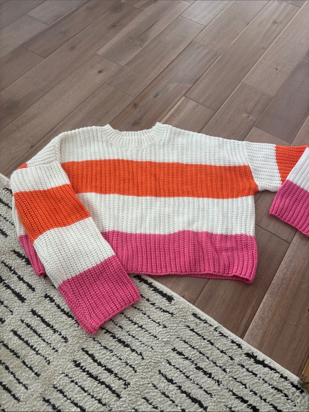 moon & madison Striped Crewneck Sweater in White, Orange & Pink